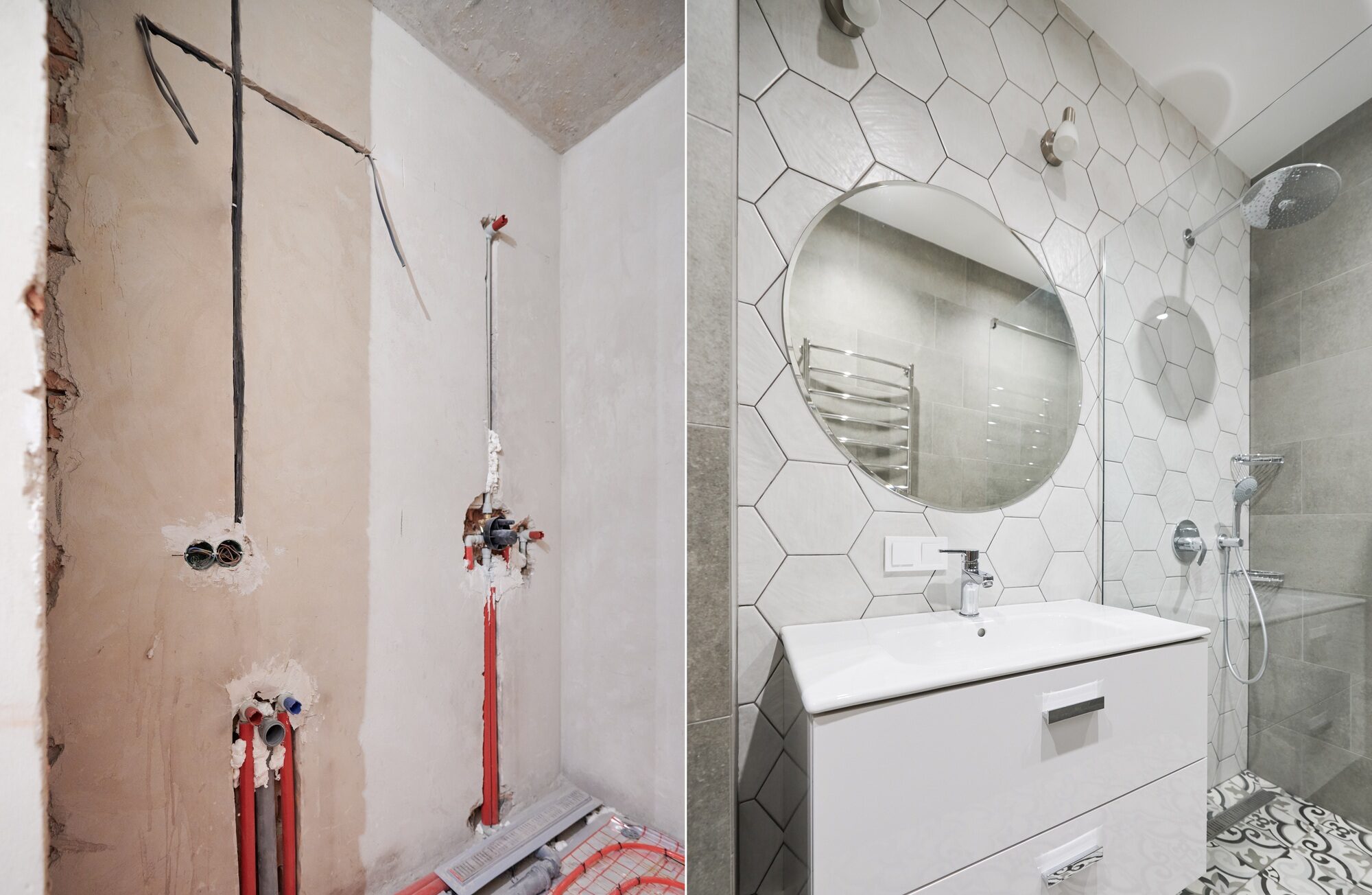 Bathroom with heated floor before and after renovation.